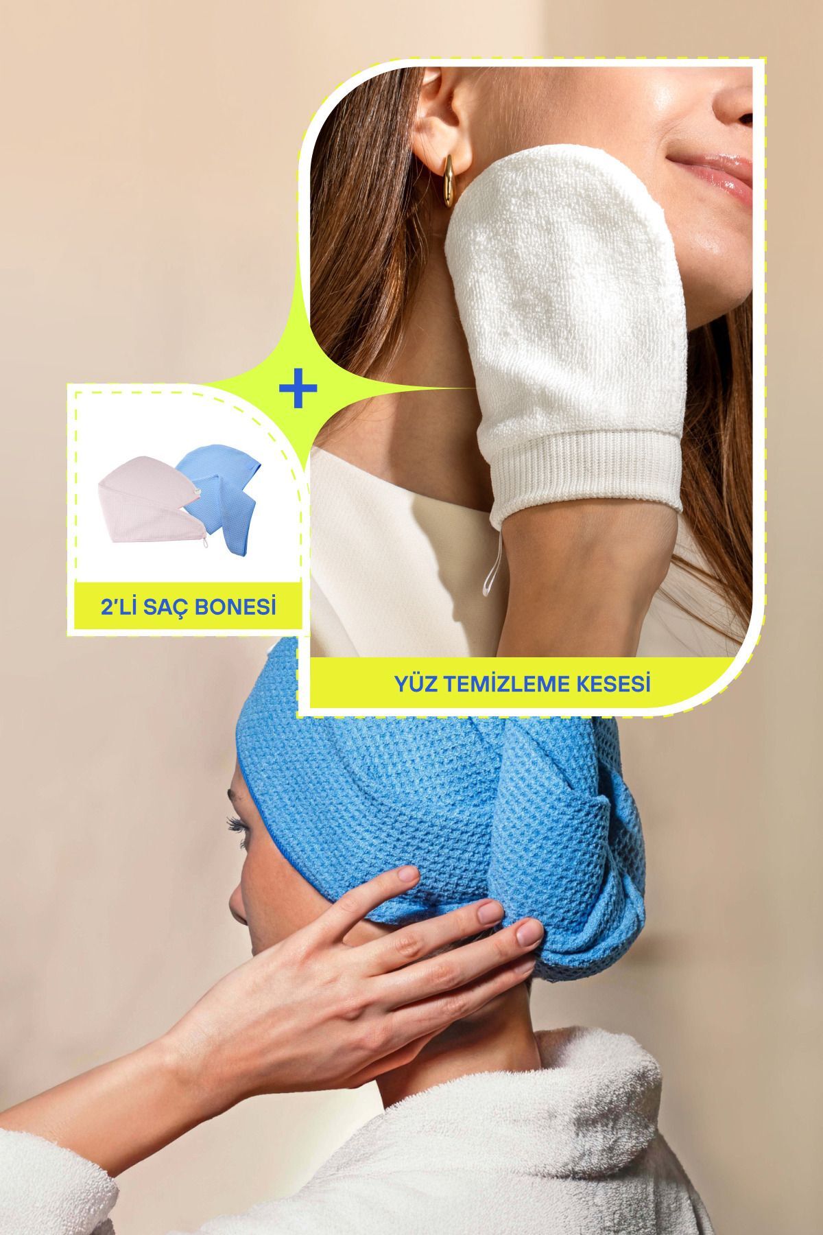 Bakım Seti (Mikrofiber İkili Saç Bonesi Pembe-Mavi + Premium Yüz Temizleme Kesesi)