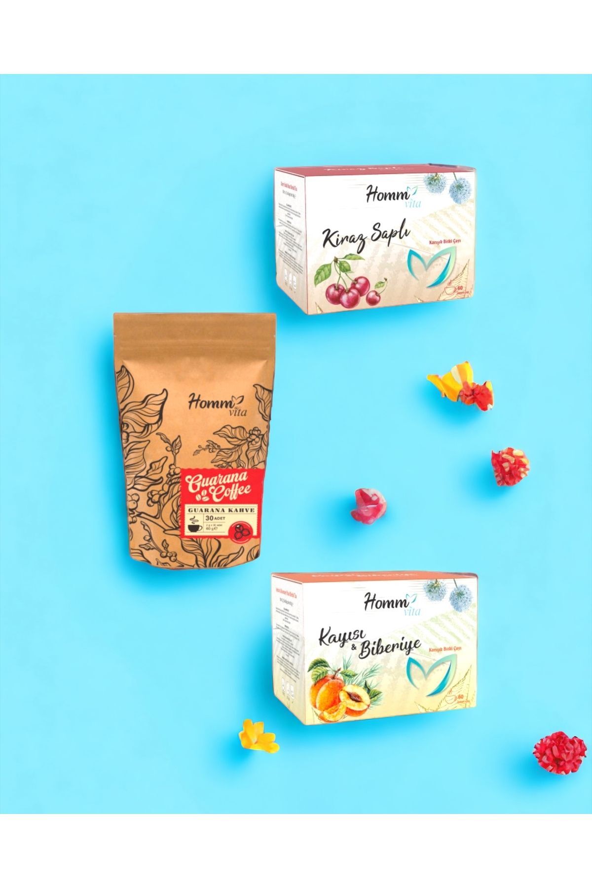 GUARANA KAHVE''KİRAZ SAPLI''KAYISILI KARIŞIK BİTKİ ÇAY SETİ